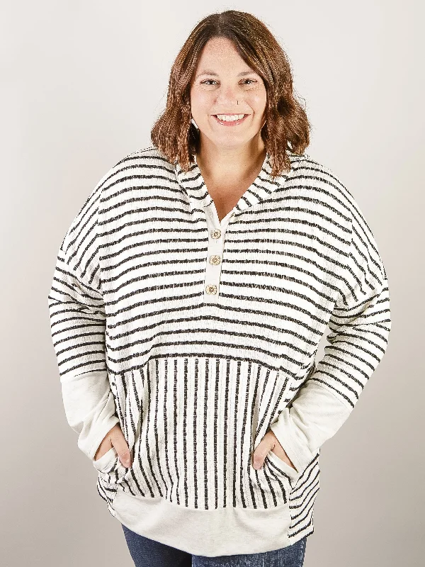 Huge Savings – Act Now!Curvy Cream and Black Striped Hooded Top