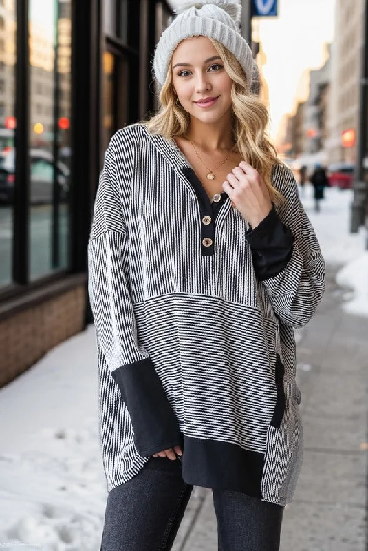 Massive Price Cuts!Heimish Long Sleeve Stripe & Solid Contrast Hoodie