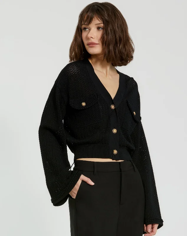 Buy One, Get One Free!Crochet Knit Flare Long Sleeve Gold Button Cropped Cardigan