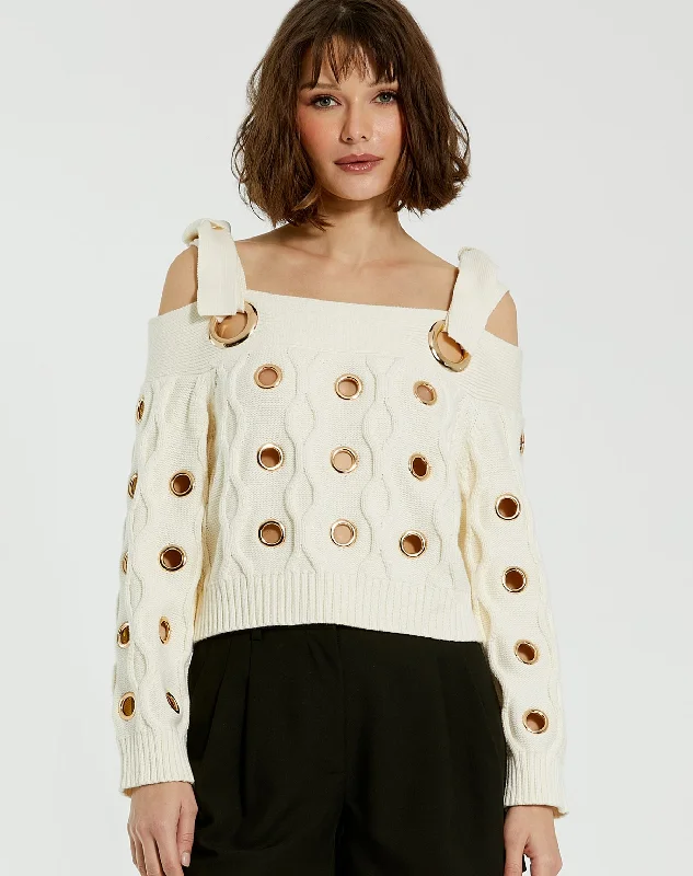 Great Deals, Just for You!Ivory Chunky Knit Off The Shoulder Grommet Cropped Sweater