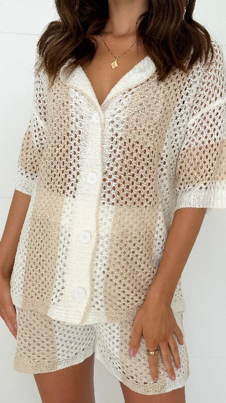 Grab Yours Before It’s Too Late!Kadri Knit Button Up Shirt and Shorts Set - Beige / White