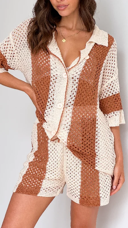 Shop Early, Save Big!Kadri Knit Button Up Shirt and Shorts Set - Brown / Beige