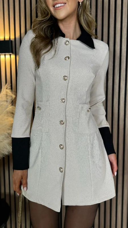 One Click Away from Big Savings!Lyric Beige & Black Trimmed Button Down Mini Dress