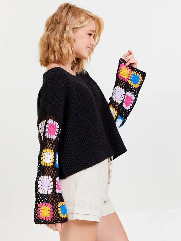 Best Offers of the Month!Umgee French Terry Top with Long Colorful Crocheted Sleeves