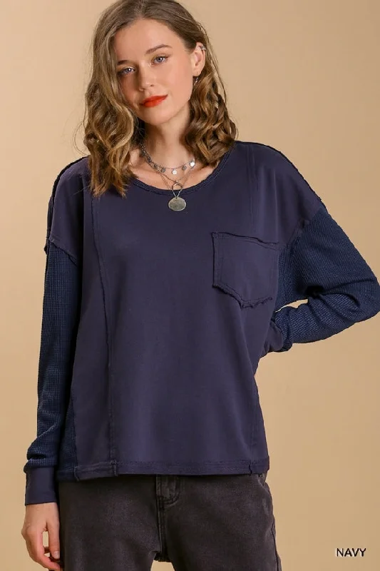 Limited-Time Price Drop!Umgee Round Neck Top with Waffle Knit Long Sleeve