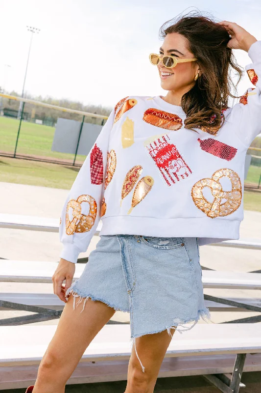 Best Deals Just for You!White Scattered Ballpark Food Sweatshirt
