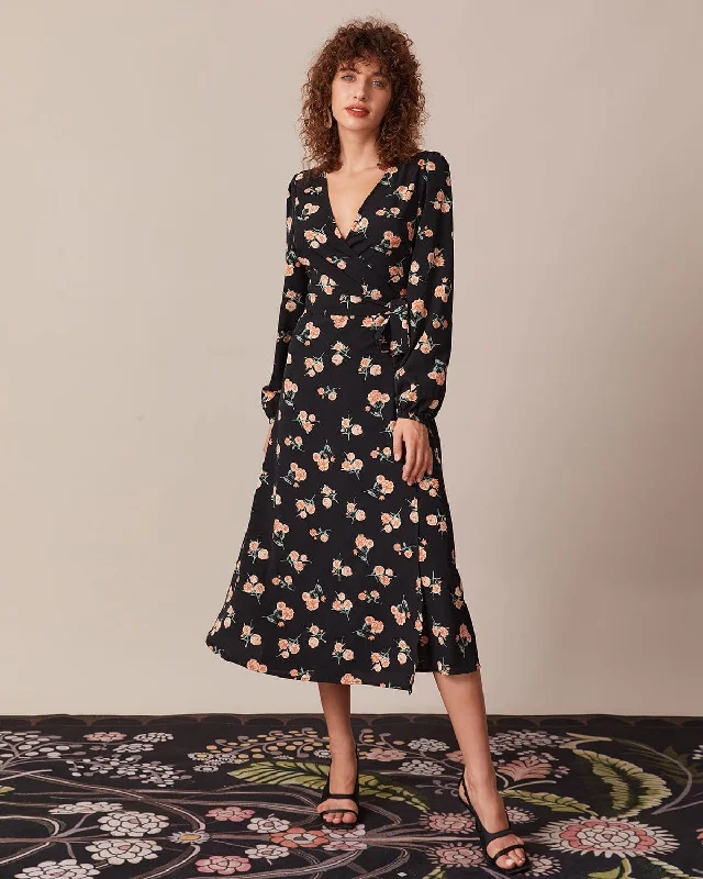 Your Chance to Save is Now!The Black V Neck Floral Wrap Midi Dress