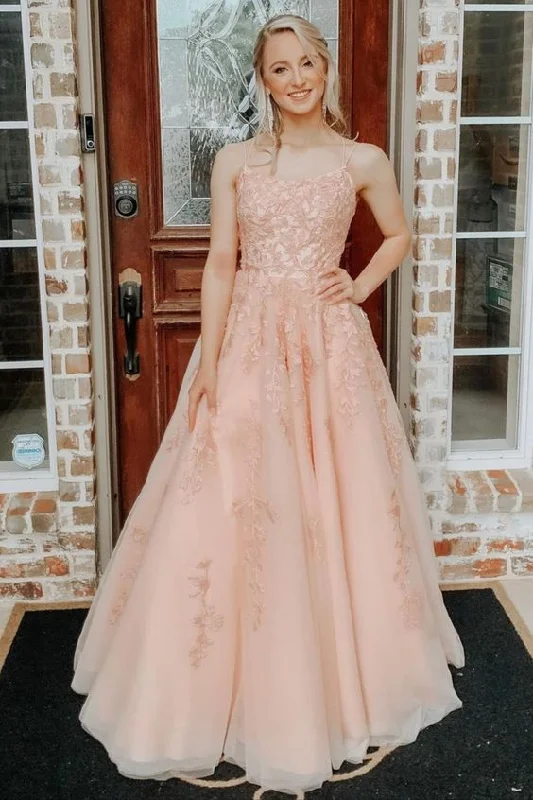 Score Big Savings Today!A-line Straps Long Blush Lace Prom Dress with Lace-Up Back    cg21819