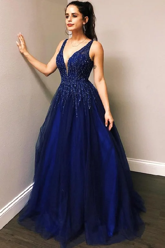 Buy More, Pay Less!Beaded V-neckline Royal Blue Prom Gown Tulle Skirt