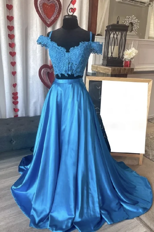 Your Shopping Wish, Our Discount Command!Blue lace long A line prom dress two pieces evening dress    cg21777