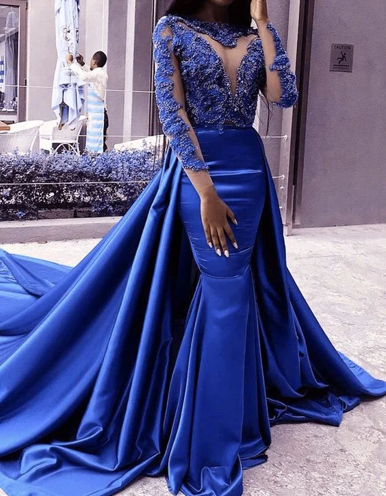 Upgrade for Less!blue mermaid evening lace long sleeves satin prom gowns    cg21838