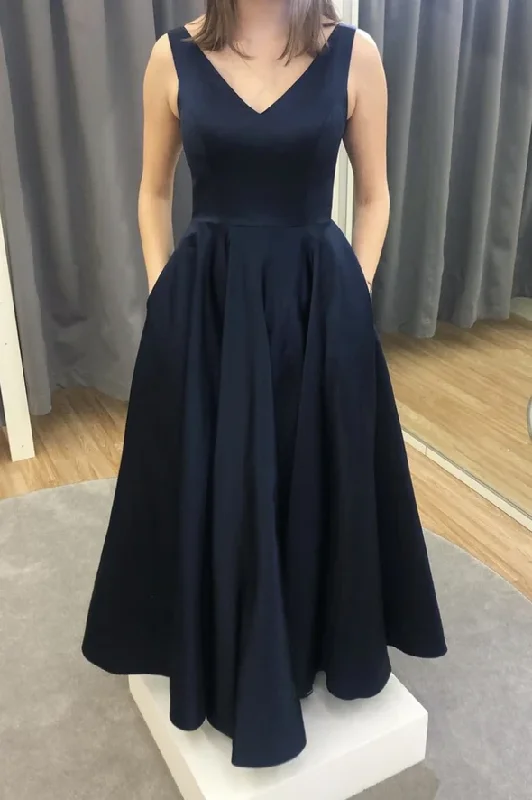 Huge Price Cuts Await!Blue v neck satin long A line prom dress evening dress    cg21782