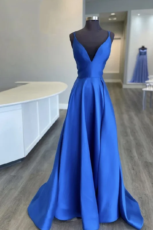 Price Drops You’ll Love!Blue v neck satin long A line prom dress evening dress    cg21784