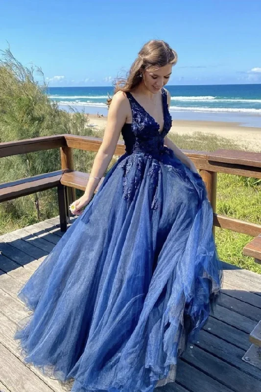 Every Deal is a Steal!Blue v neck tulle lace long A line prom dress evening dress    cg21863