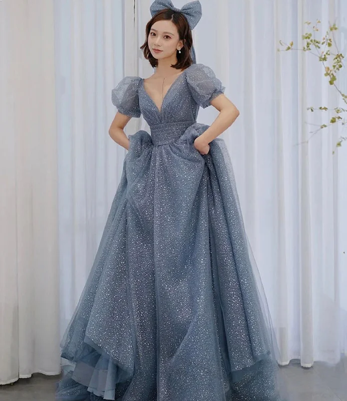 Save More When You Shop More!BLUE V NECK TULLE LONG A LINE PROM DRESS EVENING DRESS    cg21763