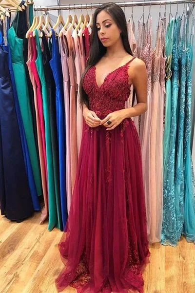 Your Wallet Will Thank You!Burgundy Spaghetti Strap V-neck A-line Prom Dresses with Lace Appliques    cg21811