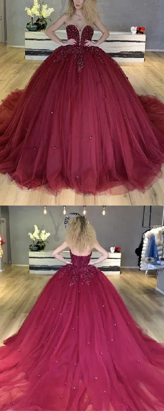 Best Price of the Season!Burgundy tulle ball gown quinceanera dress with lace flowers sweetheart prom Dress     cg21756