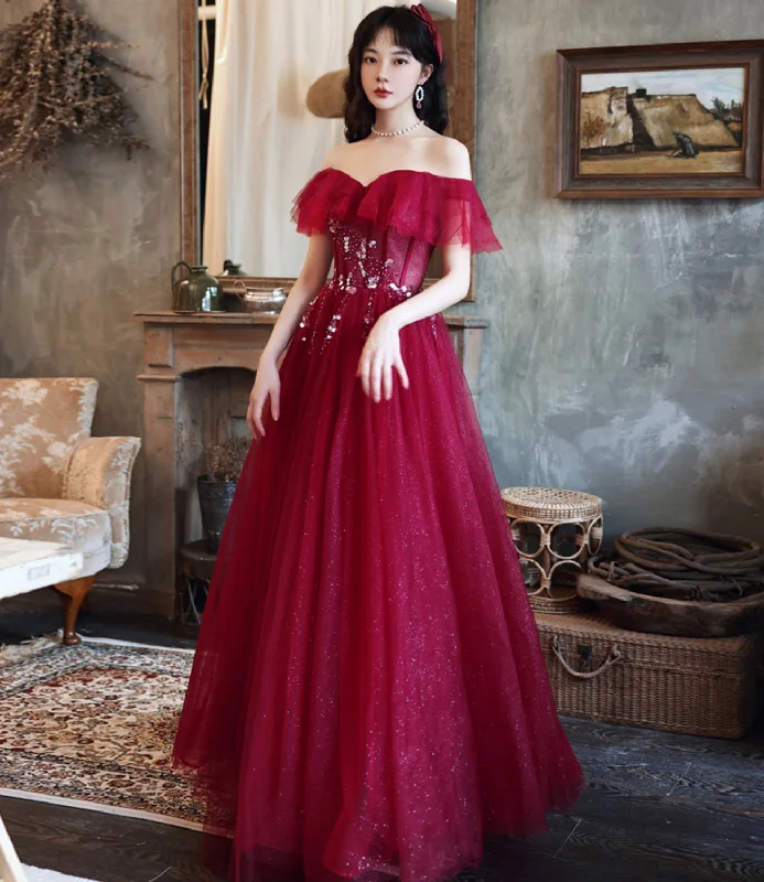 One Day Only – Huge Savings!BURGUNDY TULLE LONG A LINE PROM DRESS EVENING DRESS     cg21815