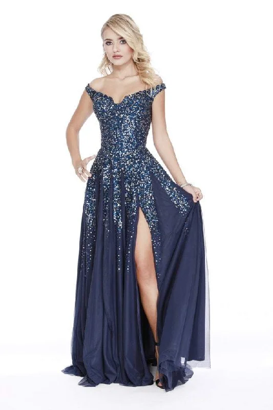 Your Dream Deal is Here!Shail K - Off Shoulder Sequin Embellished High Slit Prom Dress 12202 - Navy in Size 2 Available