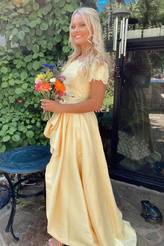 Limited Edition, Limited Price!cute two piece yellow prom dress with off the shoulder lace top and side slit skirt    cg21816
