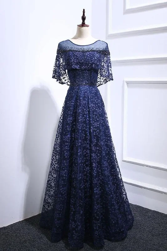 Don’t Wait – Shop Today!Dark blue lace long prom dress, blue lace evening dress    cg21746