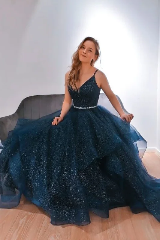 Your Best Deals Are Here!DARK BLUE V NECK TULLE SEQUIN LONG PROM DRESS BLUE FORMAL DRESS    cg21805