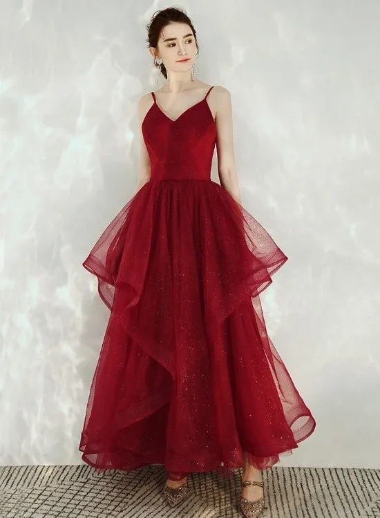 Get More for Less!Dark Red Straps V-Neckline Layers Long Formal Dress, Burgundy Low Back Tulle Prom Dress   cg21797