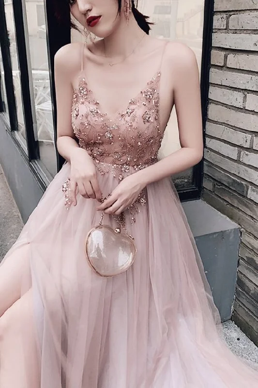 Mega Sale Happening Now!Elegant A-line blue tulle long formal dress features with spaghetti straps, rhinestions bodice and side slit prom gown   cg21768