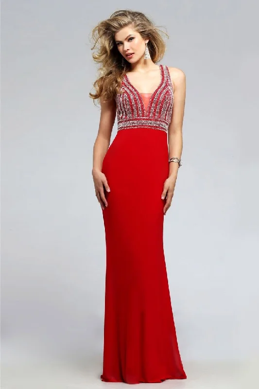 Your Best Deals Are Here!Faviana - S7805 Eye-Catching Jersey Dress with Plunging Neckline - 1 pc Red In Size 4 Available