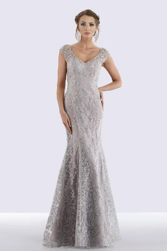 One Click Away from Big Savings!Feriani Couture 18721 Cap Sleeve V-Neck Embellished Mermaid Gown - 1 pc Silver in Size 10 Available