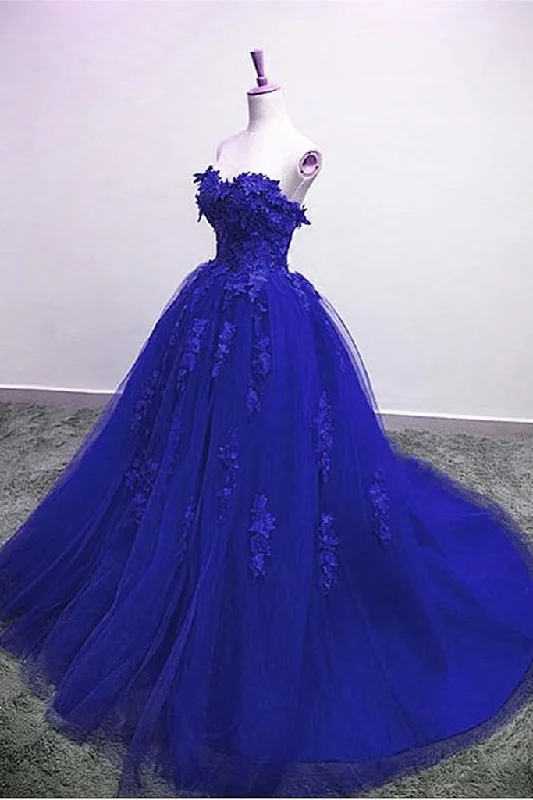 Unmissable Offers Await!Gorgeous Blue Lace Floral Long Prom Dress, Blue Appliques Formal Evening Dress, Blue Ball Gown   cg21807
