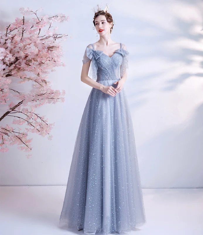 Stock Up and Save!GRAY TULLE SEQUINS LONG A LINE PROM DRESS EVENING DRESS    cg21764