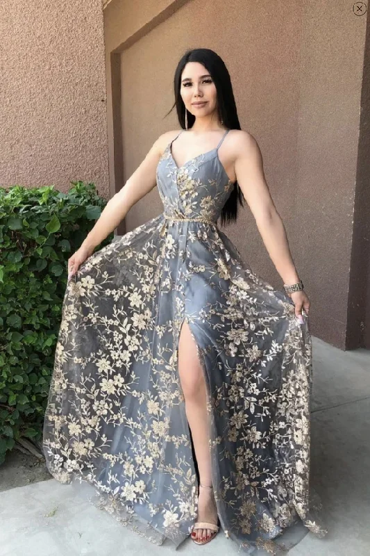 Buy More, Pay Less!Gray tulle sequins long A line prom dress evening dress    cg21787