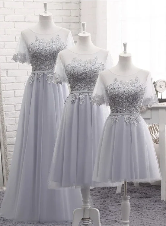 Seasonal Sale – Shop Now!Grey Tulle With Lovely Lace Applique Wedding Party Dress, Grey Tulle A-Line Prom Dress Formal Dress    cg21791
