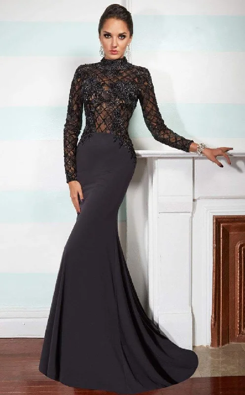 Hot Deals You Can’t Resist!Janique W1003 Beaded Long Sleeve High Neck Trumpet Gown