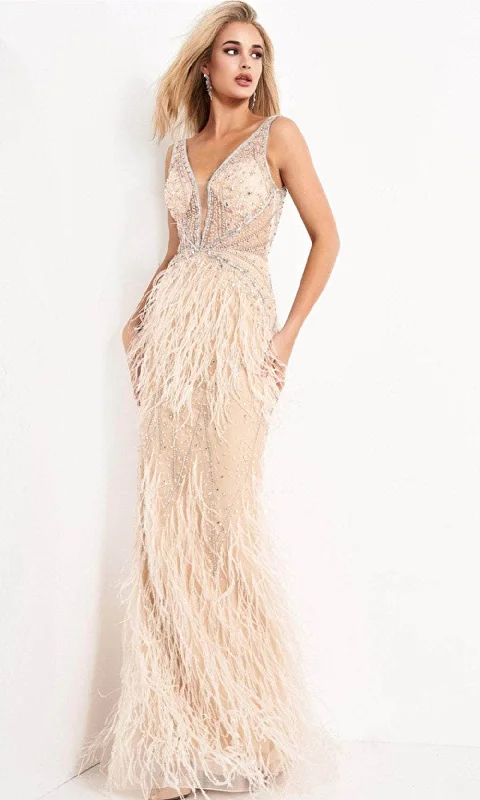 Buy One, Get One Free!Jovani - 03023 Sheer Bodice Beaded Adorned Feather Fitted Evening Gown