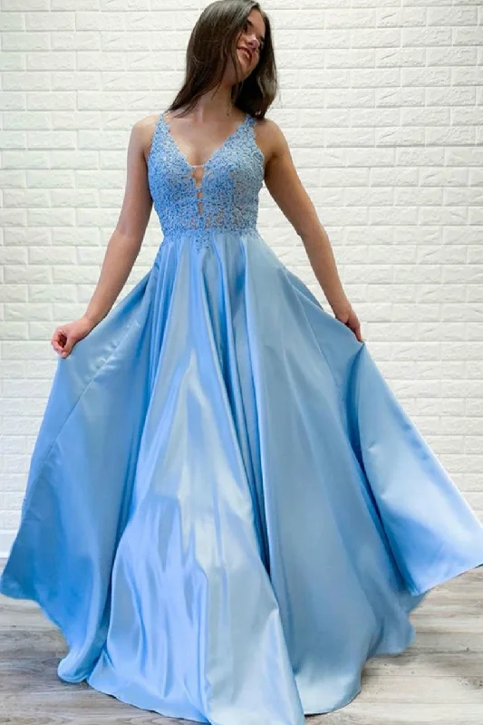 Hot Deals You Can’t Resist!Light Blue Satin Prom Dresses Beaded Lace V-neckline Bodice