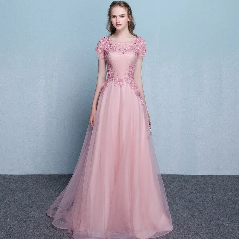 Save More When You Shop More!Lovely Pink Tulle Long Flowers And Lace Applique Long Formal Gown prom Dress    cg21793