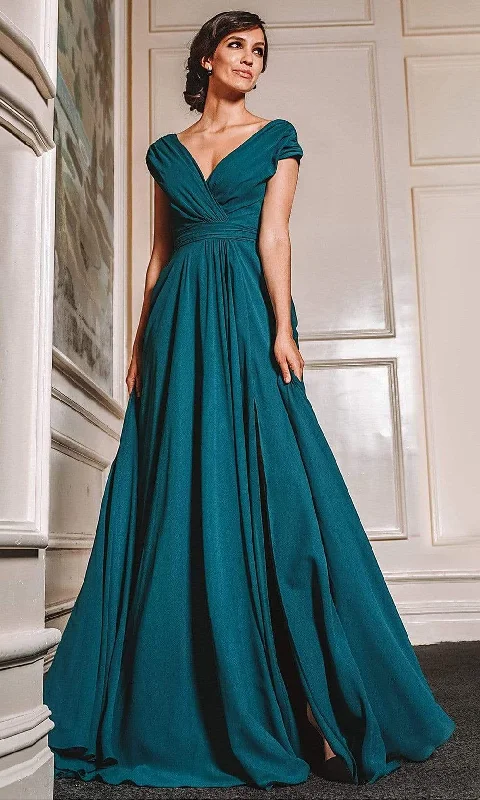 Shop More, Spend Less!Marsoni by Colors - M251 Gathered V Neck Off Shoulder A-Line Gown