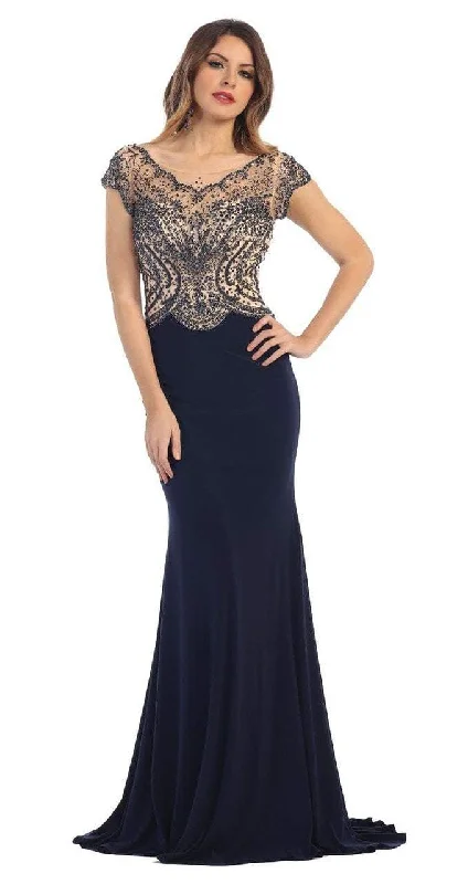 Save More Than Ever!May Queen RQ7310 Illusion Embellished Bodice with Cap Sleeve Sheath Dress - 1 pc Black in Size 6 Available