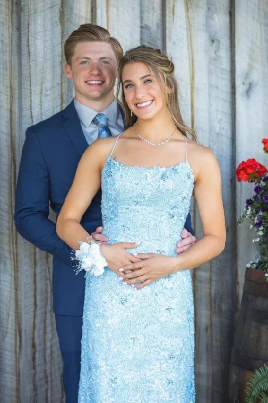 Savings You Can’t Ignore!mermaid blue lace long prom dress with spaghetti straps    cg21817