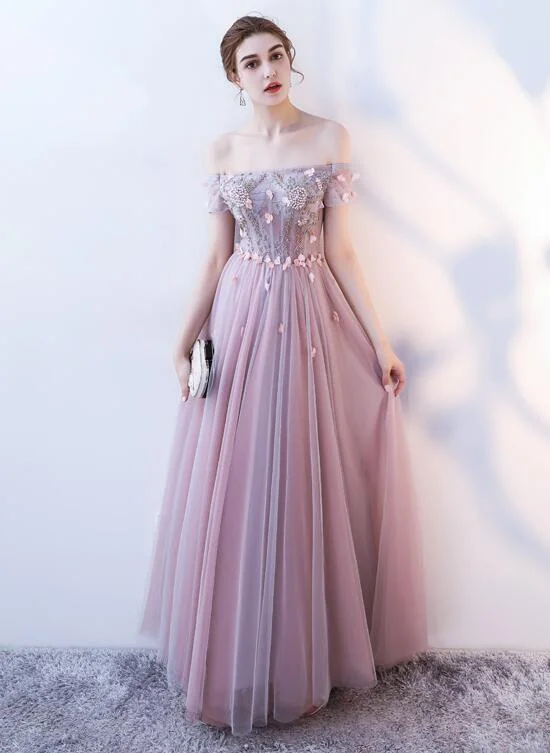 Every Deal is a Steal!Pink Tulle Flowers And Beaded Long Off Shoulder Prom Dress, A-Line Pink Party Dress   cg21828