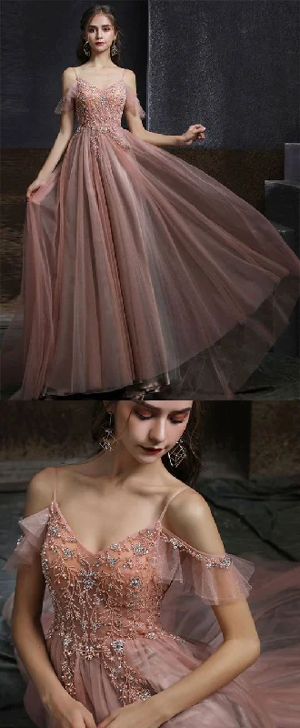 Flash Sale – Act Fast!Pink v neck tulle beads long prom dress pink tulle formal dress    cg21851