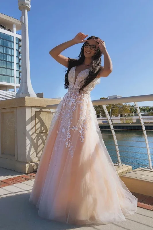Find the Best Deals Here!PINK V NECK TULLE LACE LONG PROM DRESS PINK TULLE. FORMAL DRESS    cg21800
