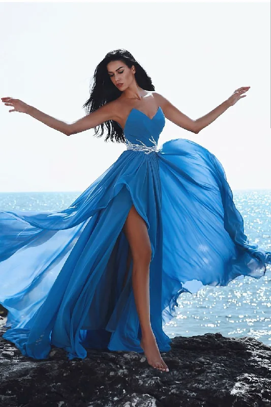 Must-Have Deals Inside!Plunging Sweetheart Blue Chiffon Prom Dress with Beaded Sash