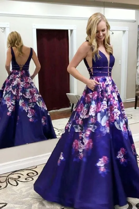 Limited Deals, Unlimited Savings!Popular A-Line V-Neck Long Floral Prom Dress with Pockets Royal Blue Evening Dress   cg21748