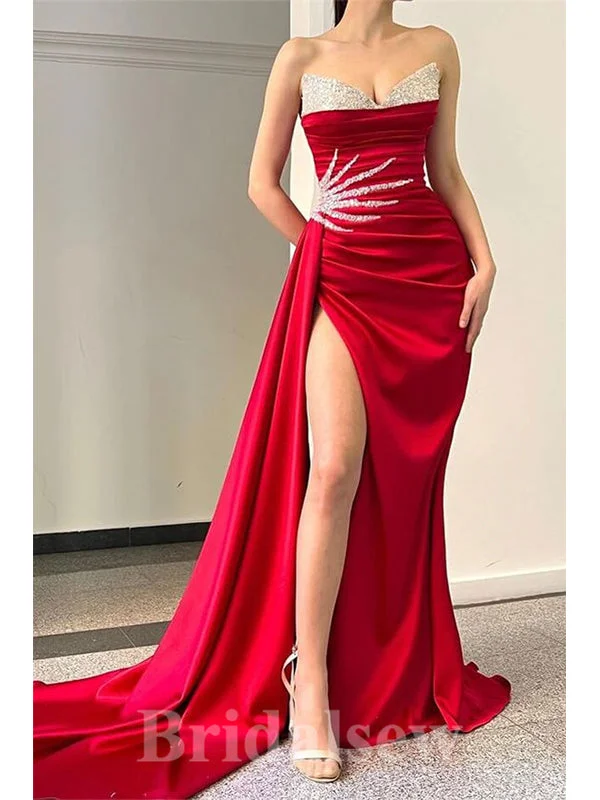 Don’t Wait – Deals Won’t Last!Red Satin Unique Modest Mermaid Elegant Long Party Women Prom Dresses, Formal Evening Dress PD685