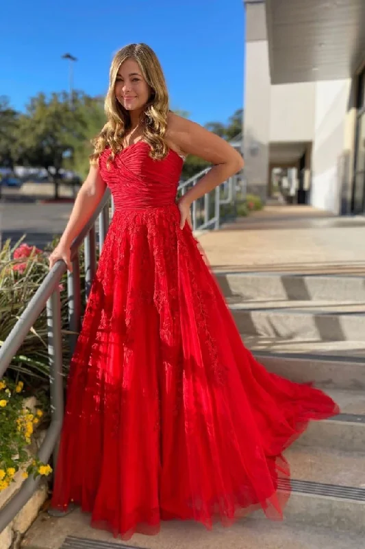 Price Drops You’ll Love!RED SWEETHEART NECK TULLE LACE LONG PROM DRESS RED FORMAL DRESS   cg21804