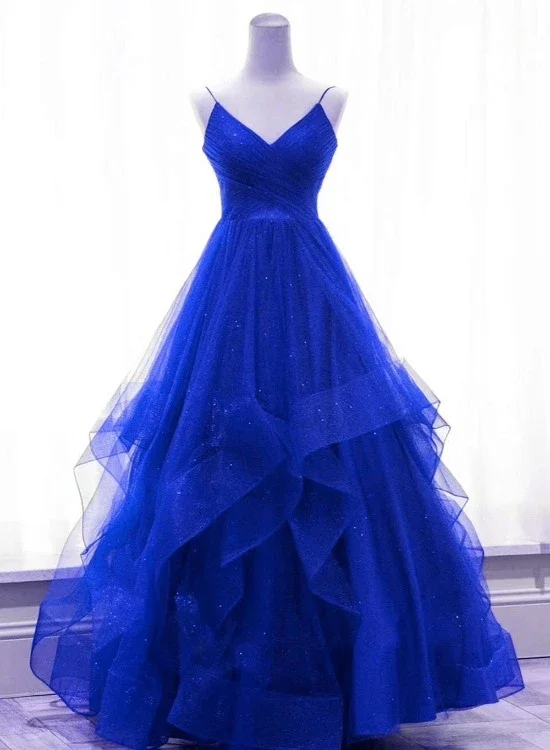 Act Fast – Limited Time Savings!Royal Blue Shiny Tulle V-Neckline Straps Long Party Dress, A-Line Tulle Prom Dress Evening Dress   cg21830