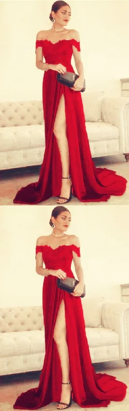 Mega Sale Happening Now!Sexy Leg Slit Long Satin Sweetheart Prom Dresses Lace Off The Shoulder Evening Gowns     cg21846